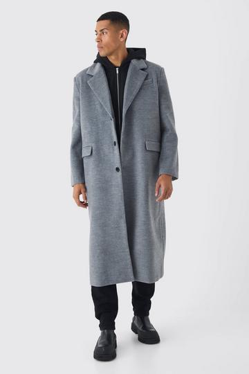 Oversized Overcoat With Faux Hooded Jersey Layer In Grey grey