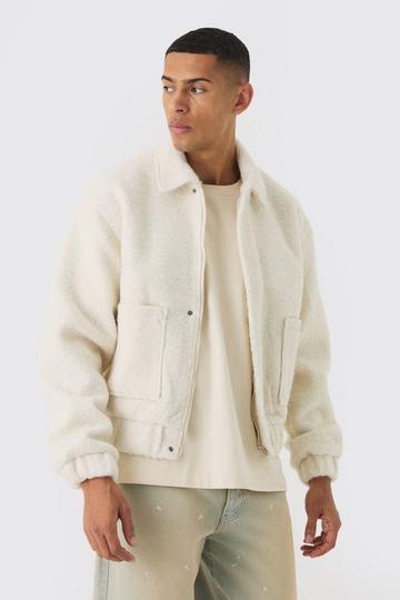 Boxy Brushed Boucle Harrington Jacket In Ecru ecru