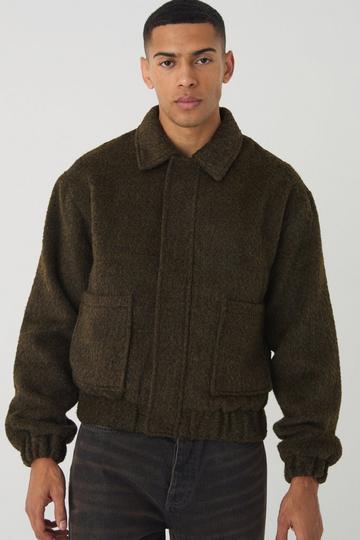 Boxy Brushed Wool Look Harrington Jacket In Khaki khaki