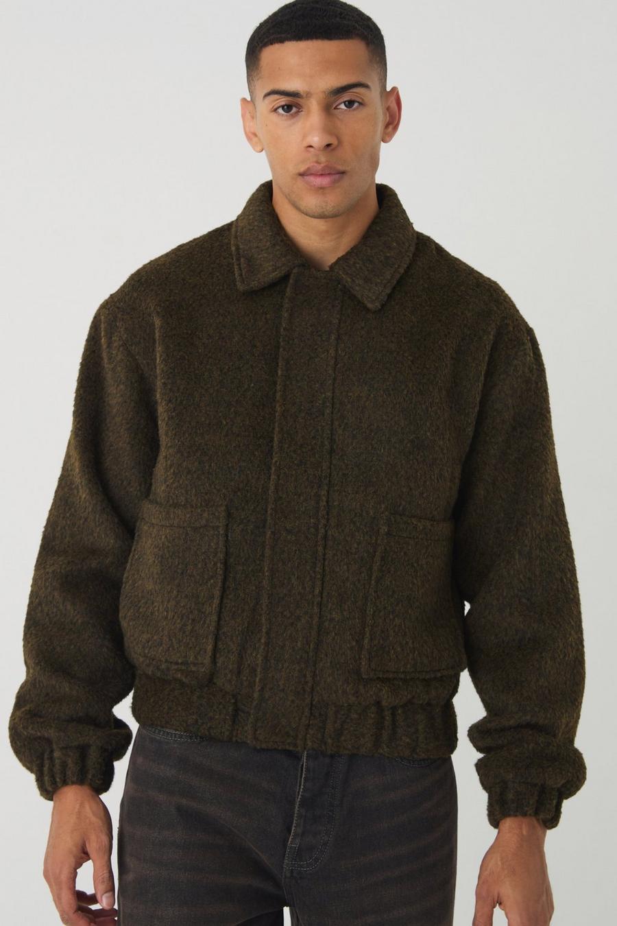 Boxy Brushed Wool Look Harrington Jacket In Khaki | boohoo USA Boxy Brushed Wool Look Harrington Jacket In Khaki | boohoo USA