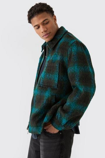 Brushed Check Collared Harrington Jacket In Blue blue