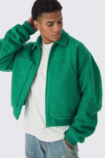 Green Boxy Boucle Ruched Sleeve Bomber Jacket In Green