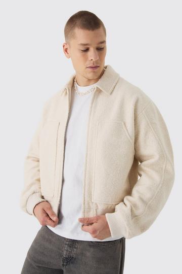 Boxy Boucle Ruched Sleeve Bomber Jacket In Ecru ecru