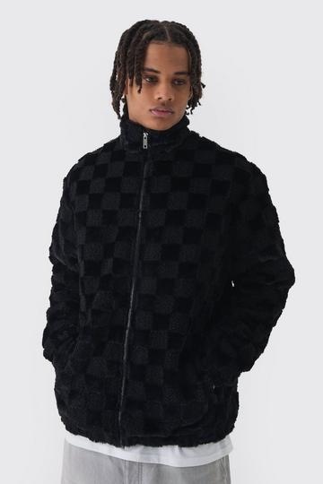 Oversized Faux Fur Check Funnel Neck Jacket In Black black