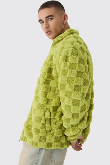 Oversized Faux Fur Check Funnel Neck Jacket In Lime lime