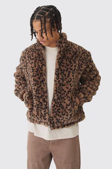 Brown Oversized Faux Fur Leopard Collared Harrington Jacket In Brown