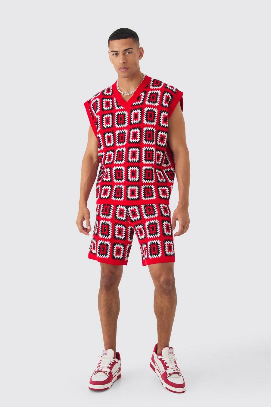 Red Oversized Crochet Knit Tank And Short Set