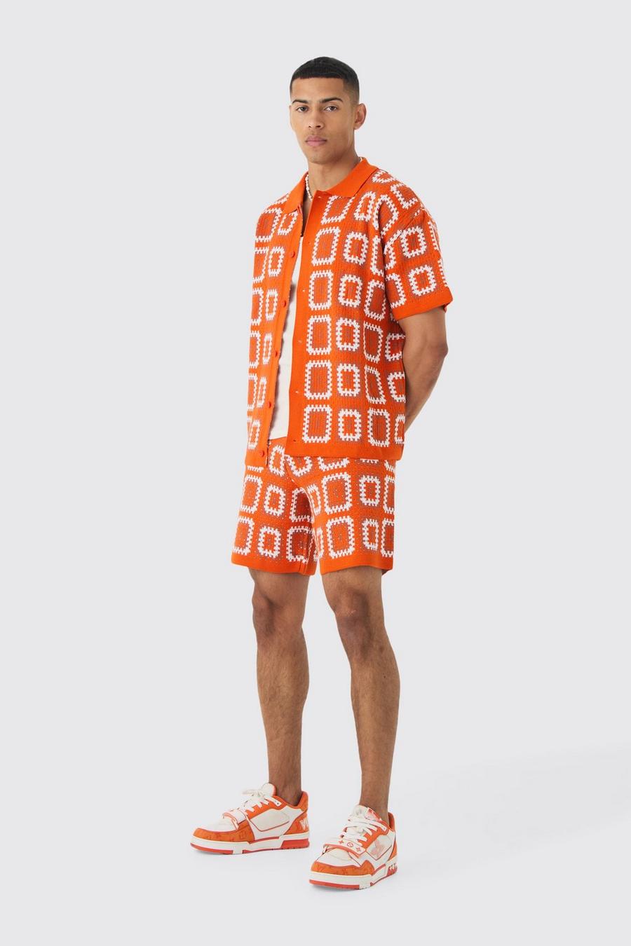 Orange Oversized Boxy Crochet Knit Shirt And Short Set