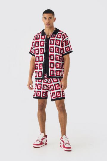 Oversized Gehaakt Gebreid Boxy Overhemd En Shorts Set red