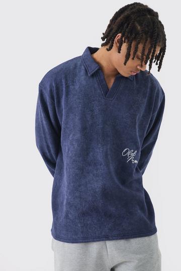 Oversized V Neck Washed Embroidered Rugby Sweatshirt Polo indigo