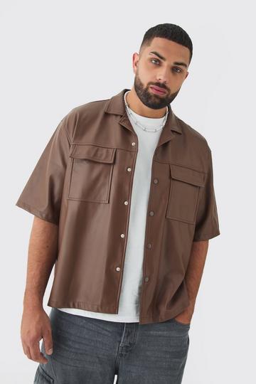 Plus PU Short Sleeve Overshirt coffee