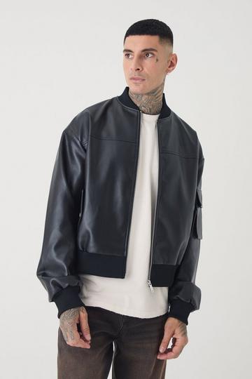 Black Tall PU Oversized Cargo Bomber Jacket