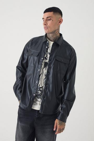 Black Tall PU Long Sleeve Overshirt