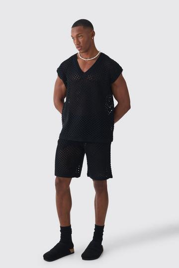 Oversized Open Stitch V Neck Tank Short Set With Metal Tab black