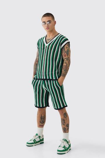 Oversized Open Stitch Stripe V Neck Tank And Short Set black