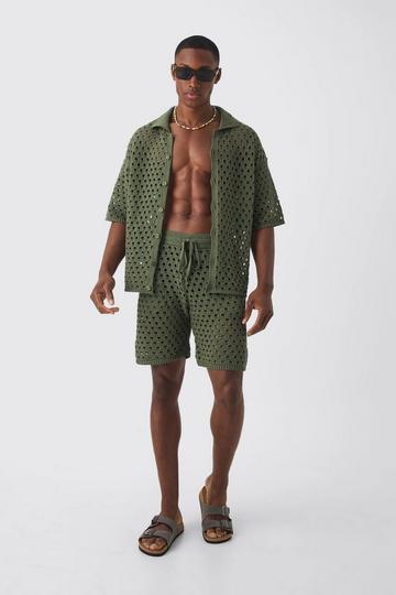 Khaki Oversized Open Stitch Shirt & Short Set