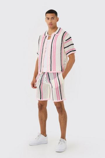 Oversized Boxy Open Stitch Stripe Shirt & Short Set black