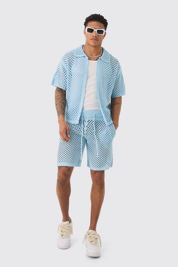 Oversized Boxy Open Stitch Shirt & Short Set With Metal Tab light blue