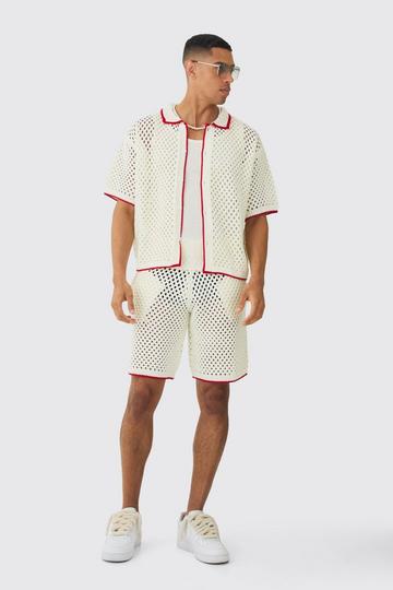 Oversized Boxy Open Stitch Contrast Tipping Shirt Short Set white