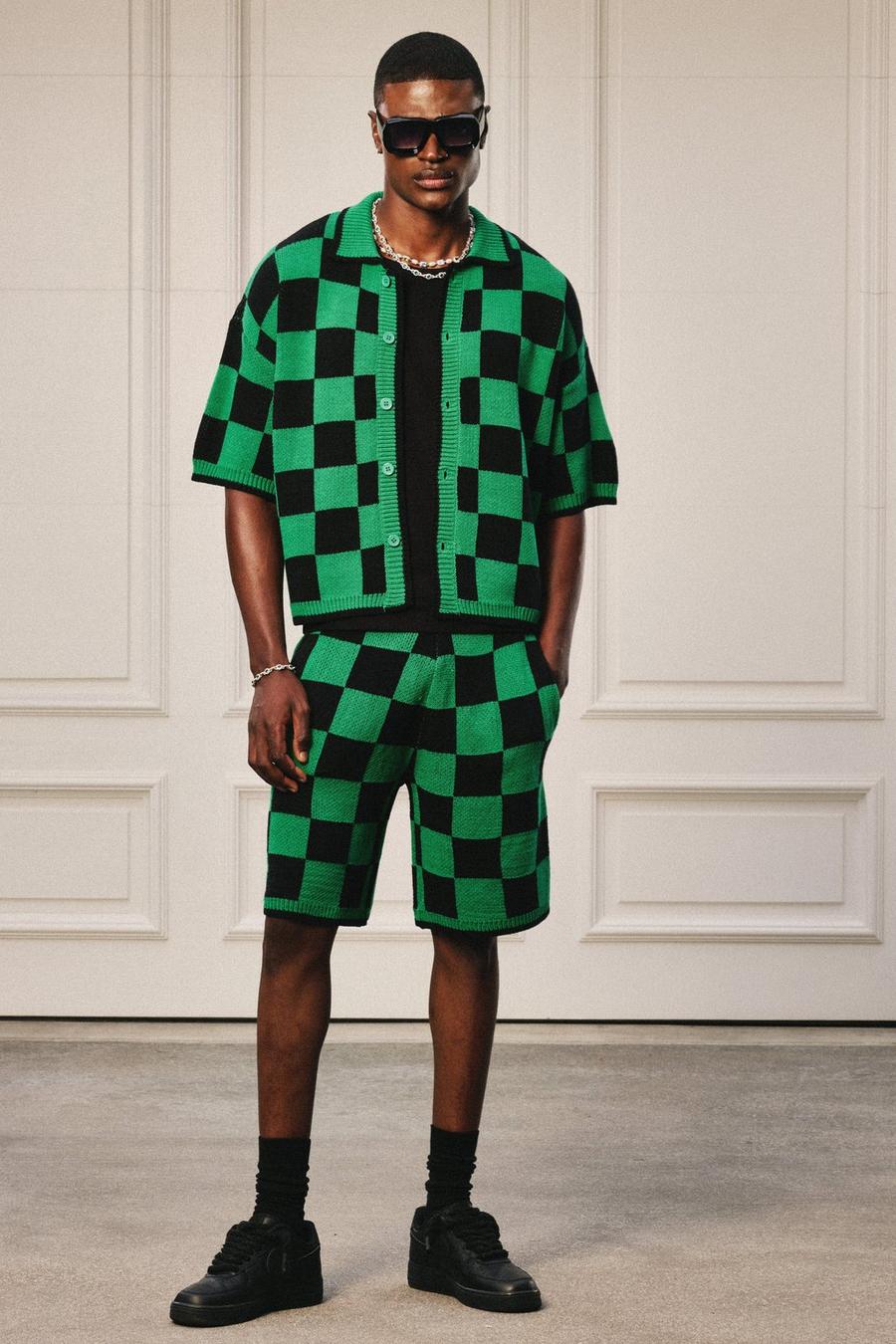 Green Oversized Boxy Open Stitch Checked Shirt & Short Set With Metal Tab