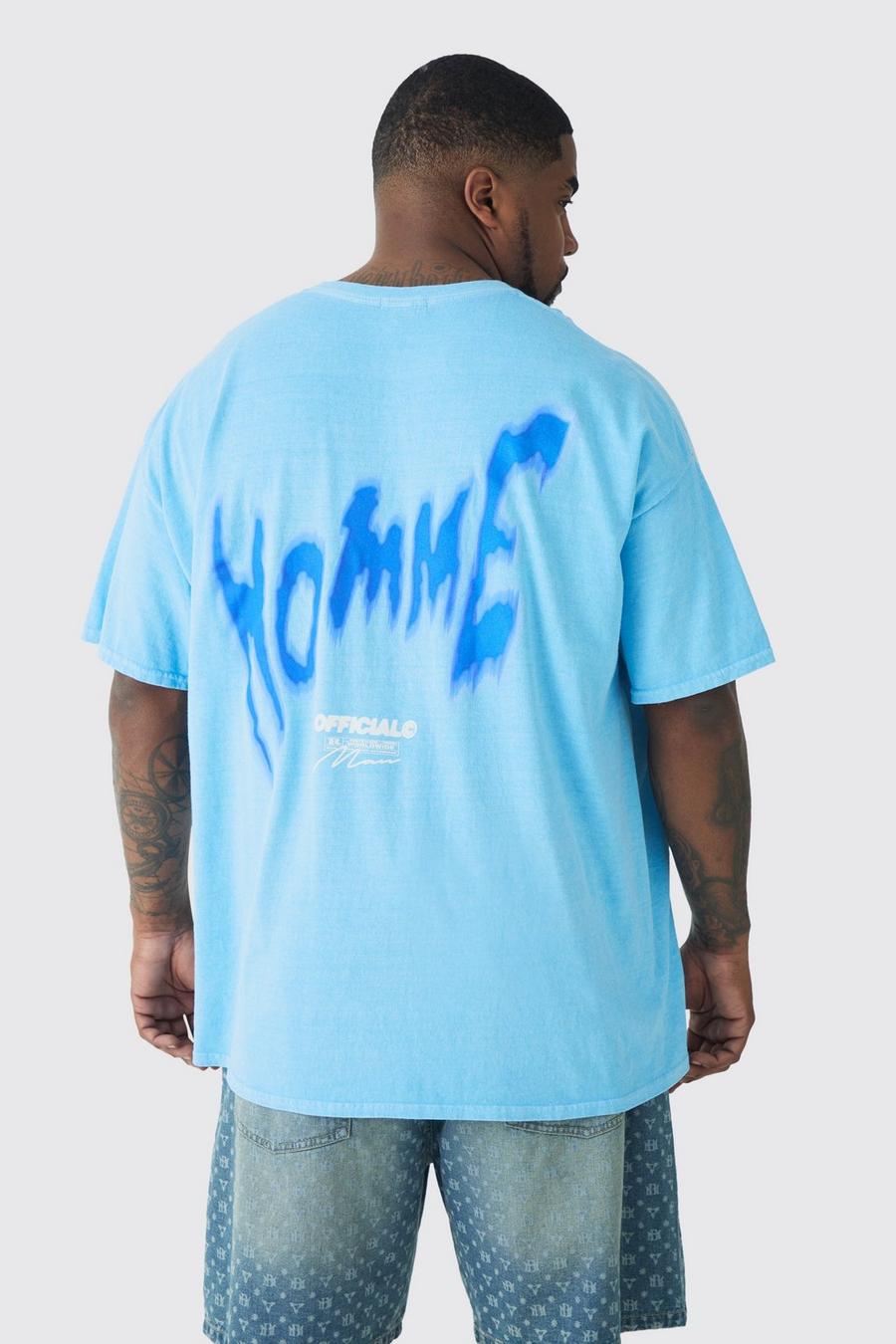 Blue Plus Oversized Back Print Washed Graffiti Homme T-shirt image number 1
