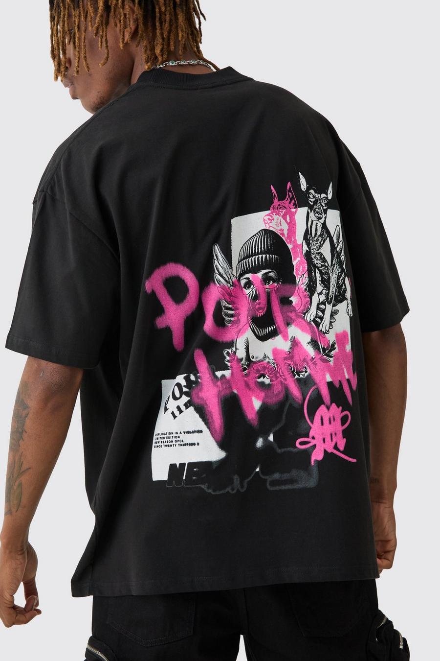 Black Tall Oversized Graffiti Back Print Heavyweight T-Shirt image number 1