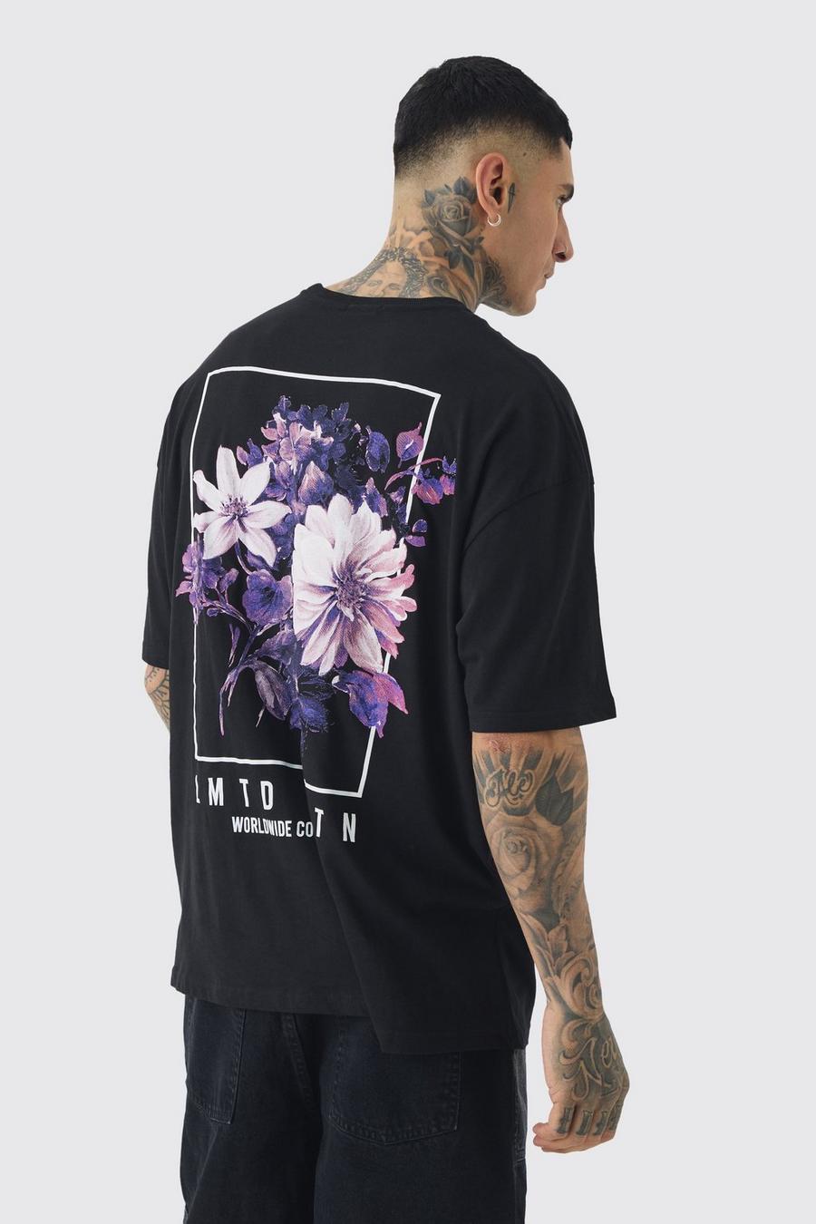 Black Tall Oversized Floral Back Graphic T-shirt image number 1