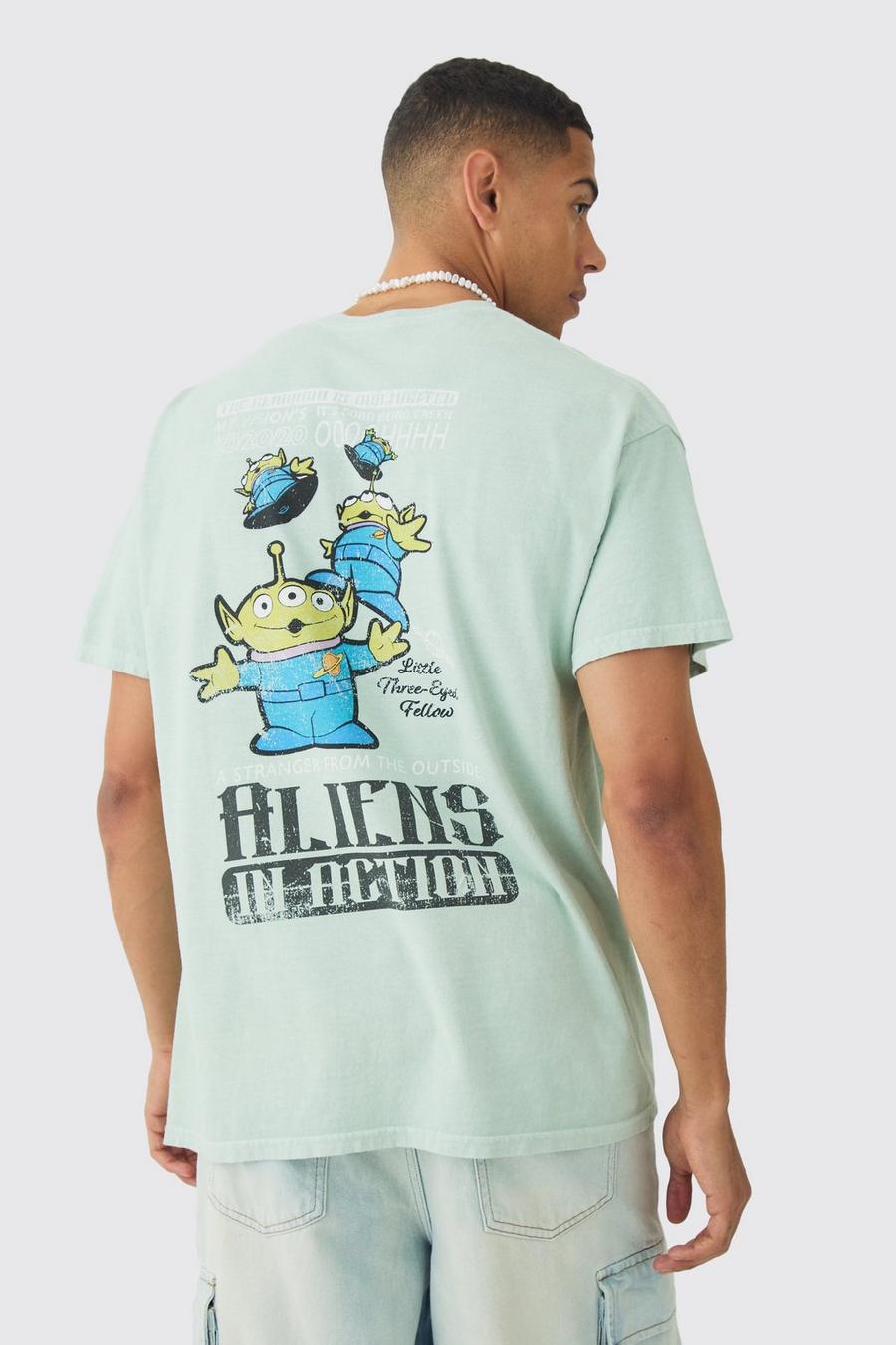 Green Oversized Aliens Toy Story Disney Wash License Back Print T-shirt