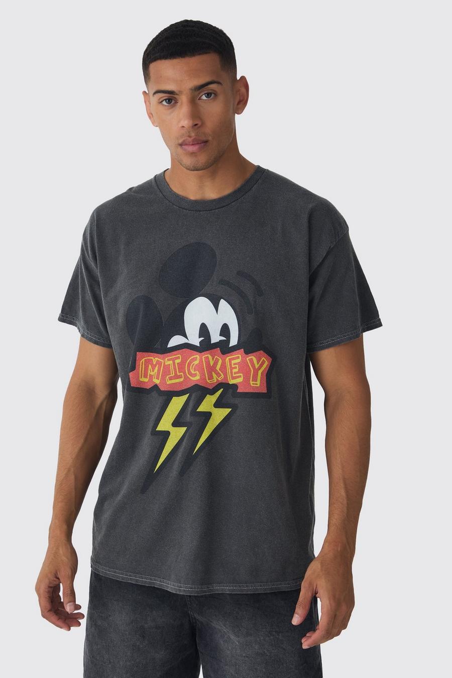 Charcoal Oversized Mickey Mouse Disney Wash License Print T-shirt image number 1