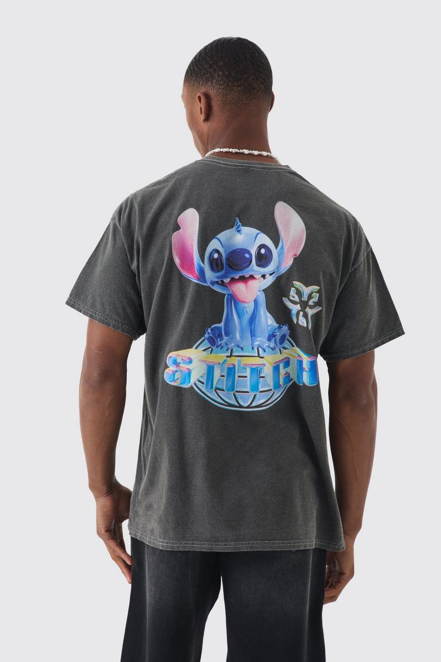 Charcoal Oversized Disney Lilo And Stitch Wash License Back Print T-shirt image number 1