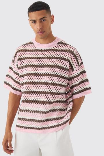 Pink Oversized Boxy Open Stitch Horizontal Stripe Knit T-shirt