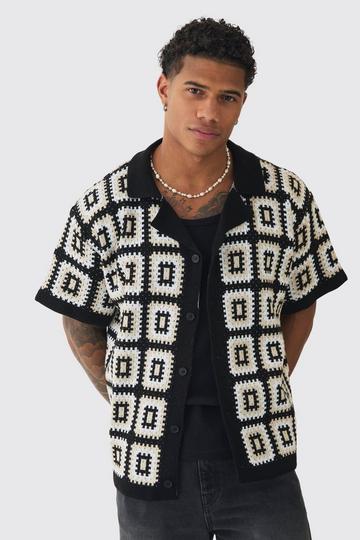 Oversized Boxy Crochet Knit Revere Shirt black