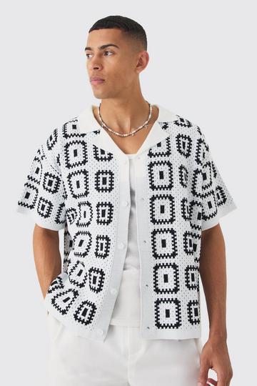 White Oversized Boxy Crochet Knit Revere Shirt