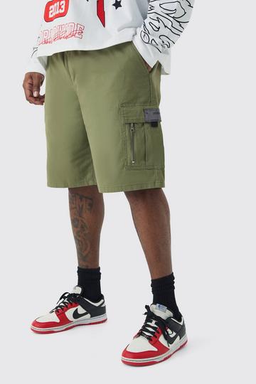 Plus Fixed Waist Twill Relaxed Cargo Zip Detail Tab Short khaki