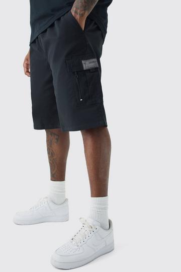 Black Plus Fixed Waist Twill Relaxed Cargo Zip Detail Tab Short