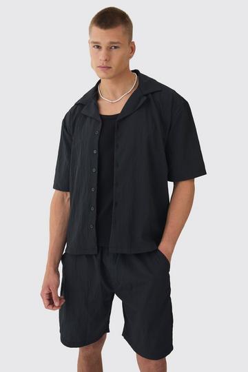 Oversized Crinkle Revere Shirt & Relaxed Short Set black