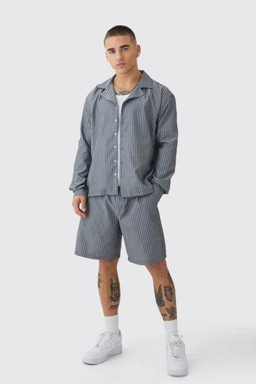 Oversized Gestreept Overhemd Met Lange Mouwen En Shorts Set charcoal