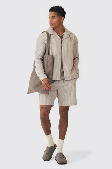 Oversized Gestreept Overhemd Met Lange Mouwen En Shorts Set stone