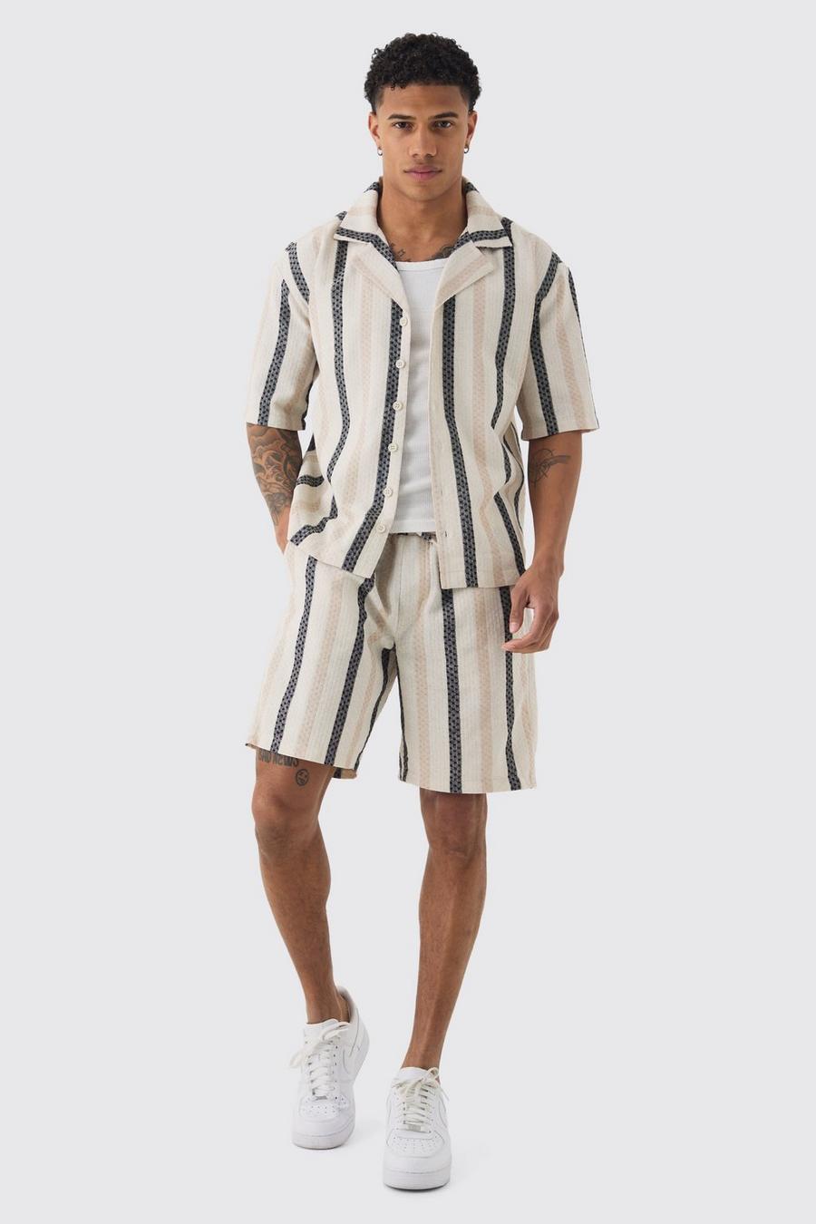 Natural Oversized Revere Linen Look Stripe Shirt & Short Set