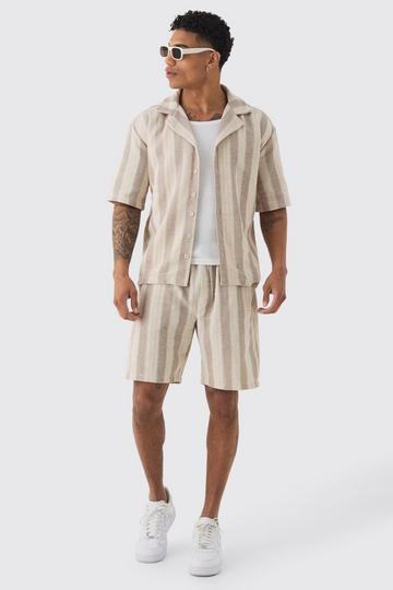 Oversized Gestreept Linnen Look Overhemd Met Revers Kraag En Shorts Set natural