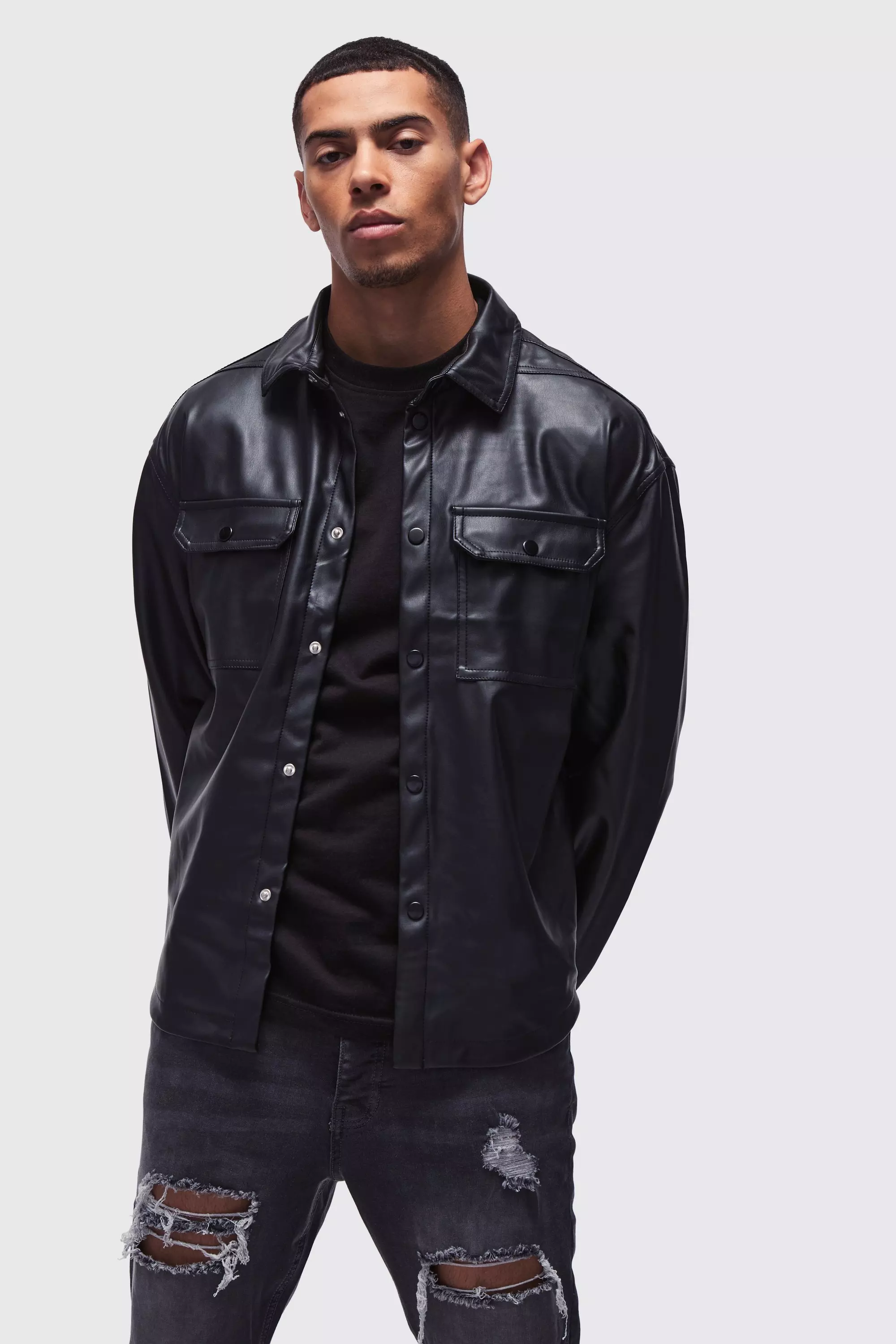 Black Oversized PU Long Sleeve Overshirt alternative image