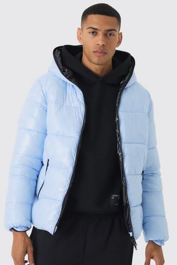 Blue Zip Hood Vinyl Hi Shine Puffer Jacket In Light Blue