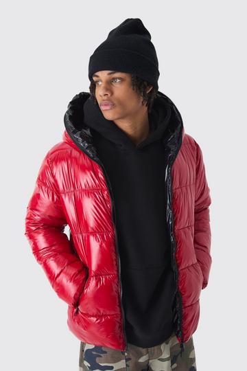 Zip Hood Vinyl Hi Shine Puffer Jacket In Red red