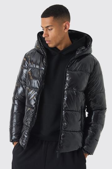 Zip Hood Vinyl Hi Shine Puffer Jacket In Black