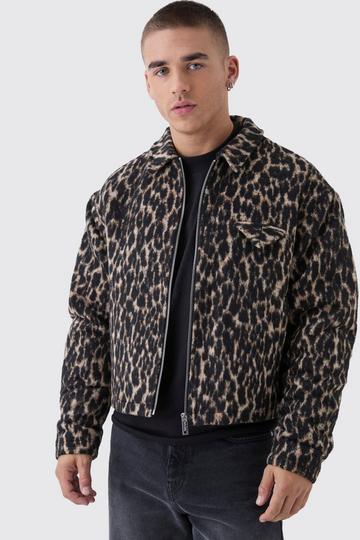 Black Boxy Leopard Harrington Jacket In Black