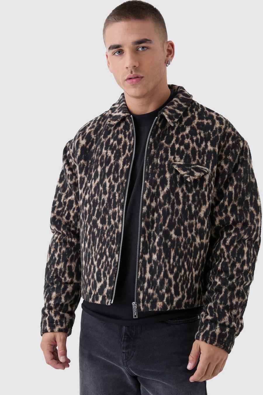 Boxy Leopard Harrington Jacket In Black | boohoo Boxy Leopard Harrington Jacket In Black | boohoo