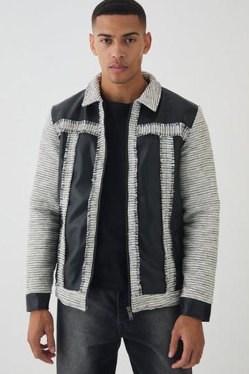 Tweed And Pu Panel Harrington Jacket In Black black