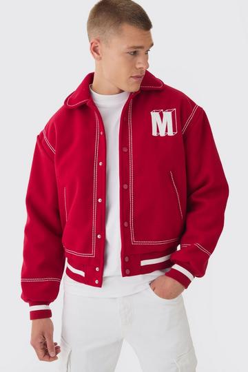 Boxy Stitch Detail Melton Varsity Jacket In Red red