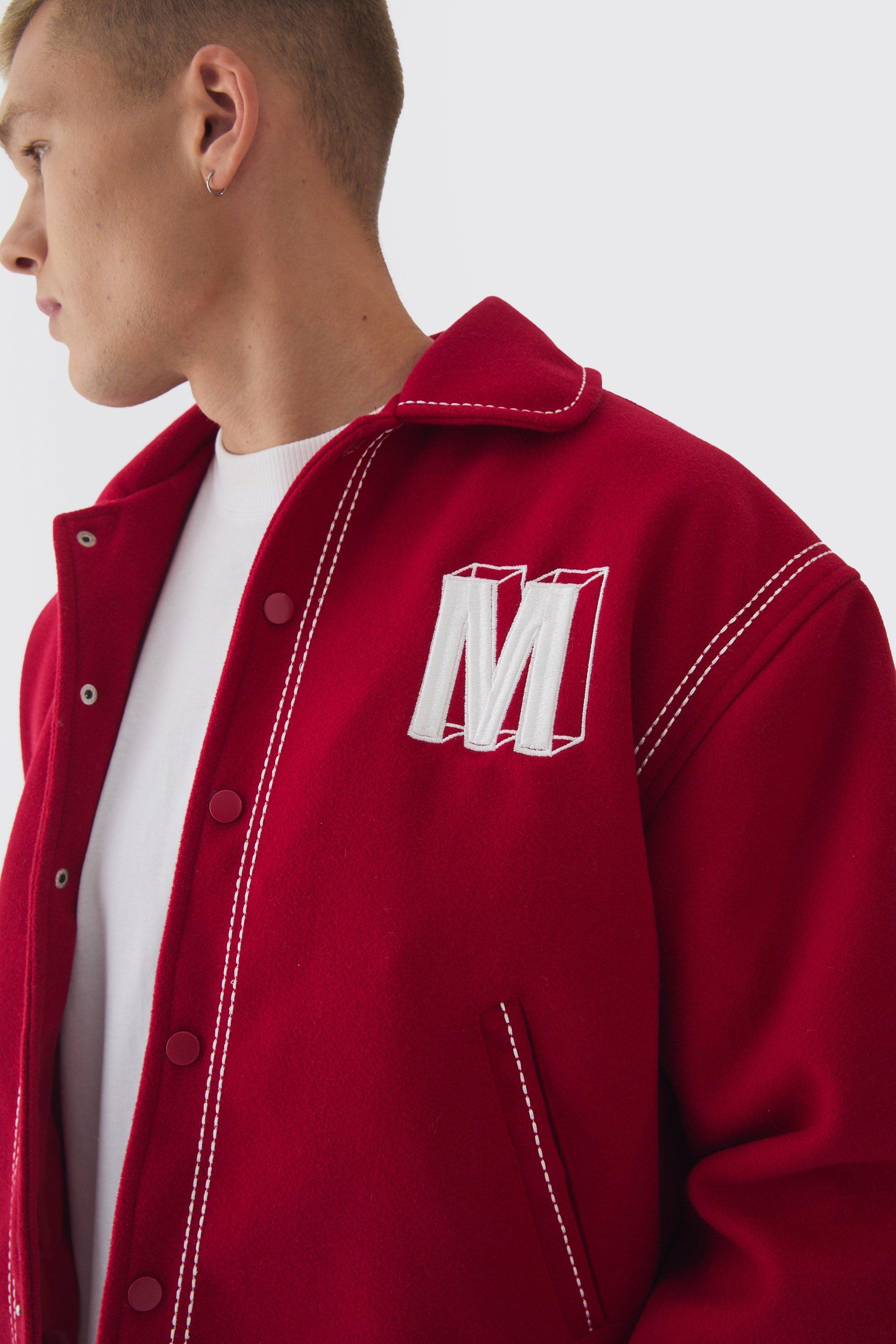 Boxy Stitch Detail Melton Varsity Jacket In Red | boohoo