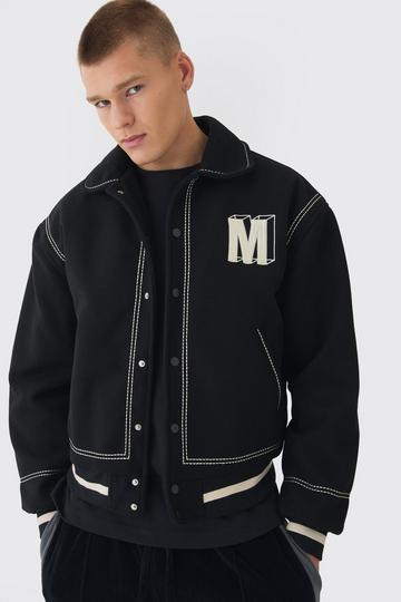 Boxy Stitch Detail Melton Varsity Jacket In Black black